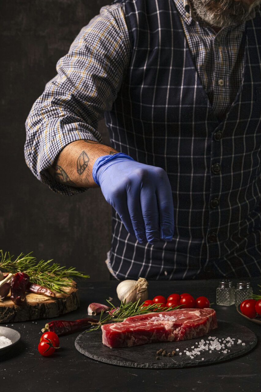 the chef brushes salt over the ready to grill beef entrecote